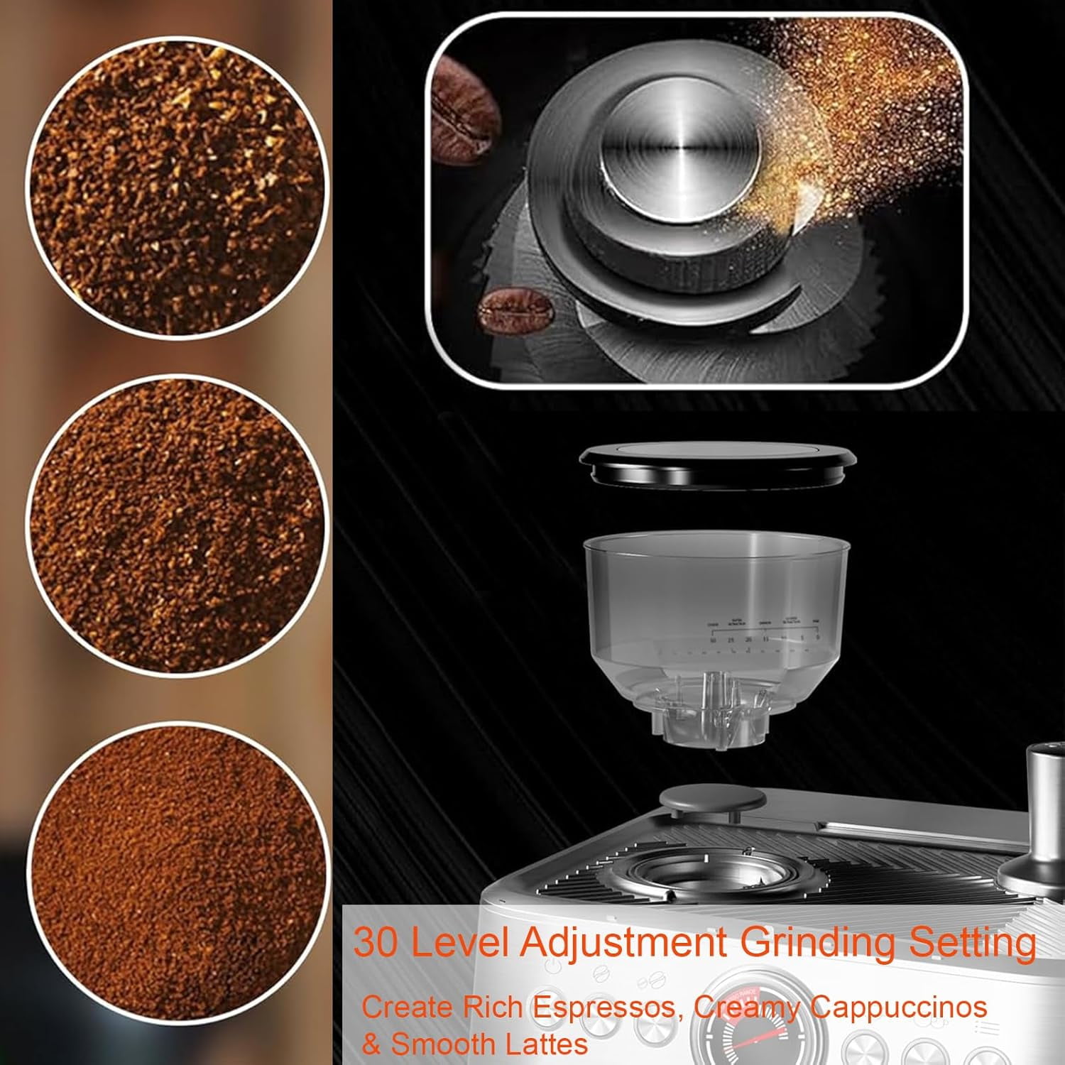 Semi-Automatic Espresso Machine, 20 Bar Coffee Maker with 30 Grinding Setting, Espresso Maker with Grinder