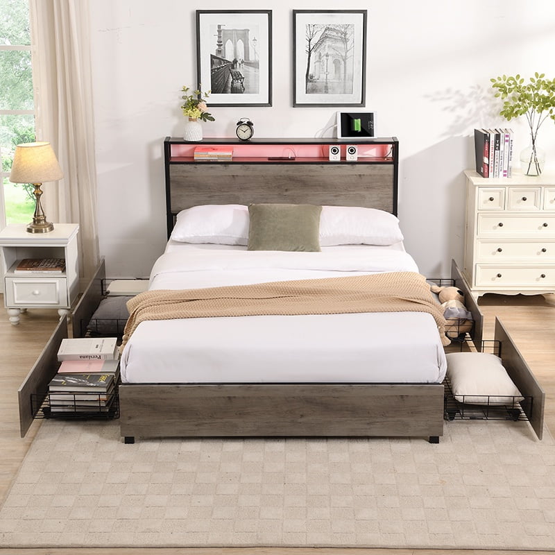 Queen Bed Frame with Headboard,4 Storage Drawers,Led Lights,Charging Station,Platform Bed,Solid and Stable, Noise Free, No Box Spring Needed, Easy Assembly