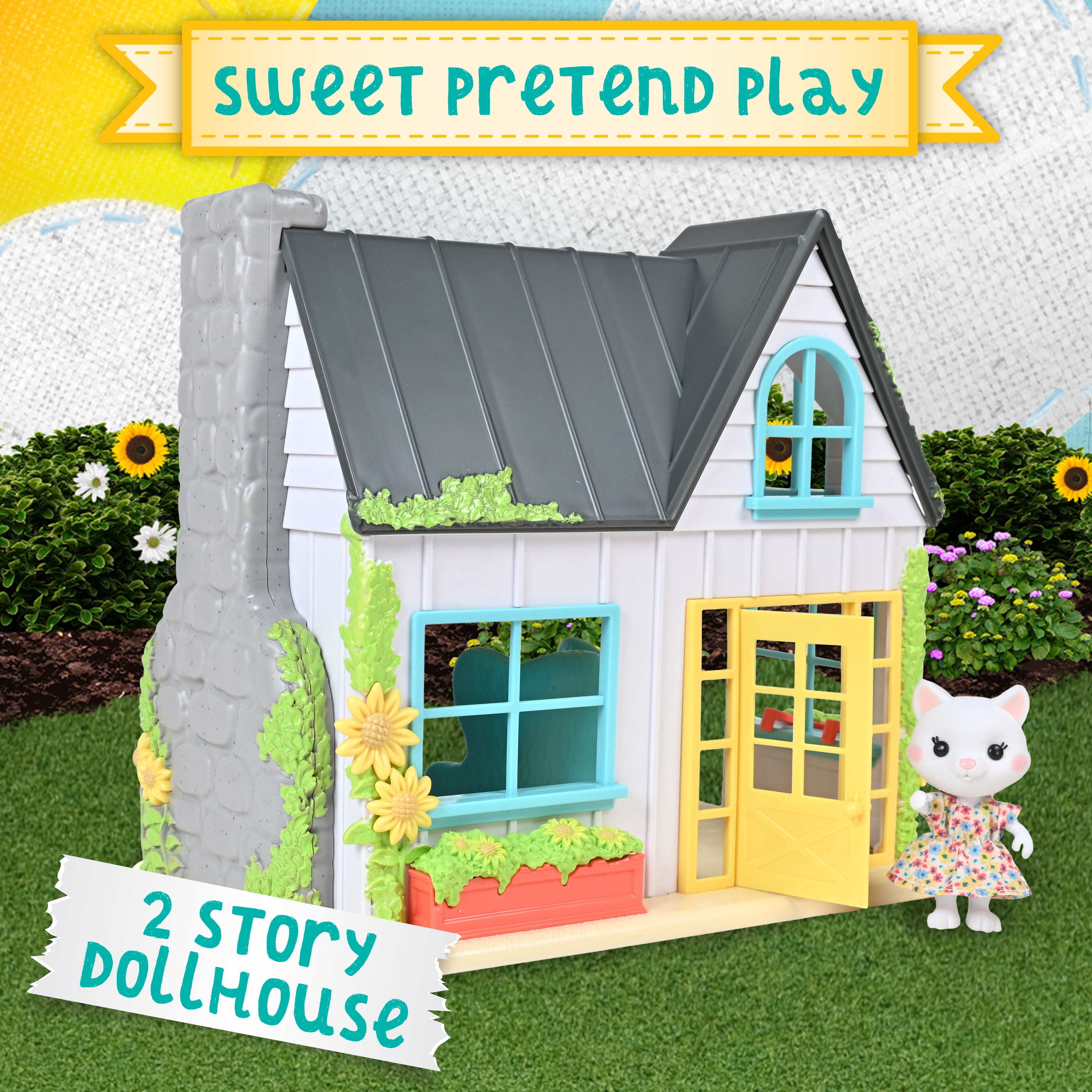 Honey Bee Acres Sunflower Country Cottage – 17 Piece Dollhouse with Miniature Furniture & Exclusive Cat Figure – Doll Playset for Kids Ages 3+