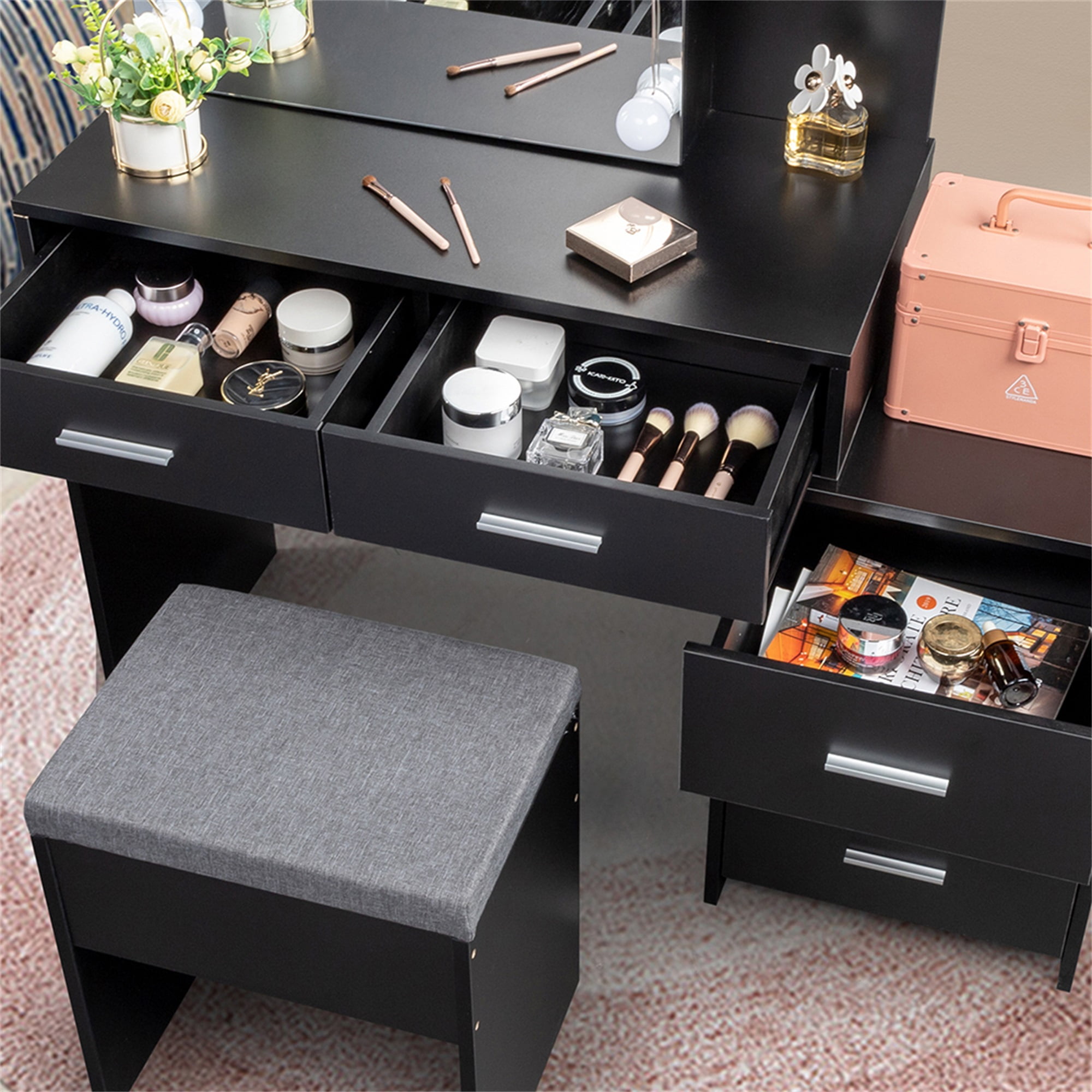 Kadyn Makeup Vanity Table, Vanity Table and Chair Set with 5 Pumps 2 Shelves, Black