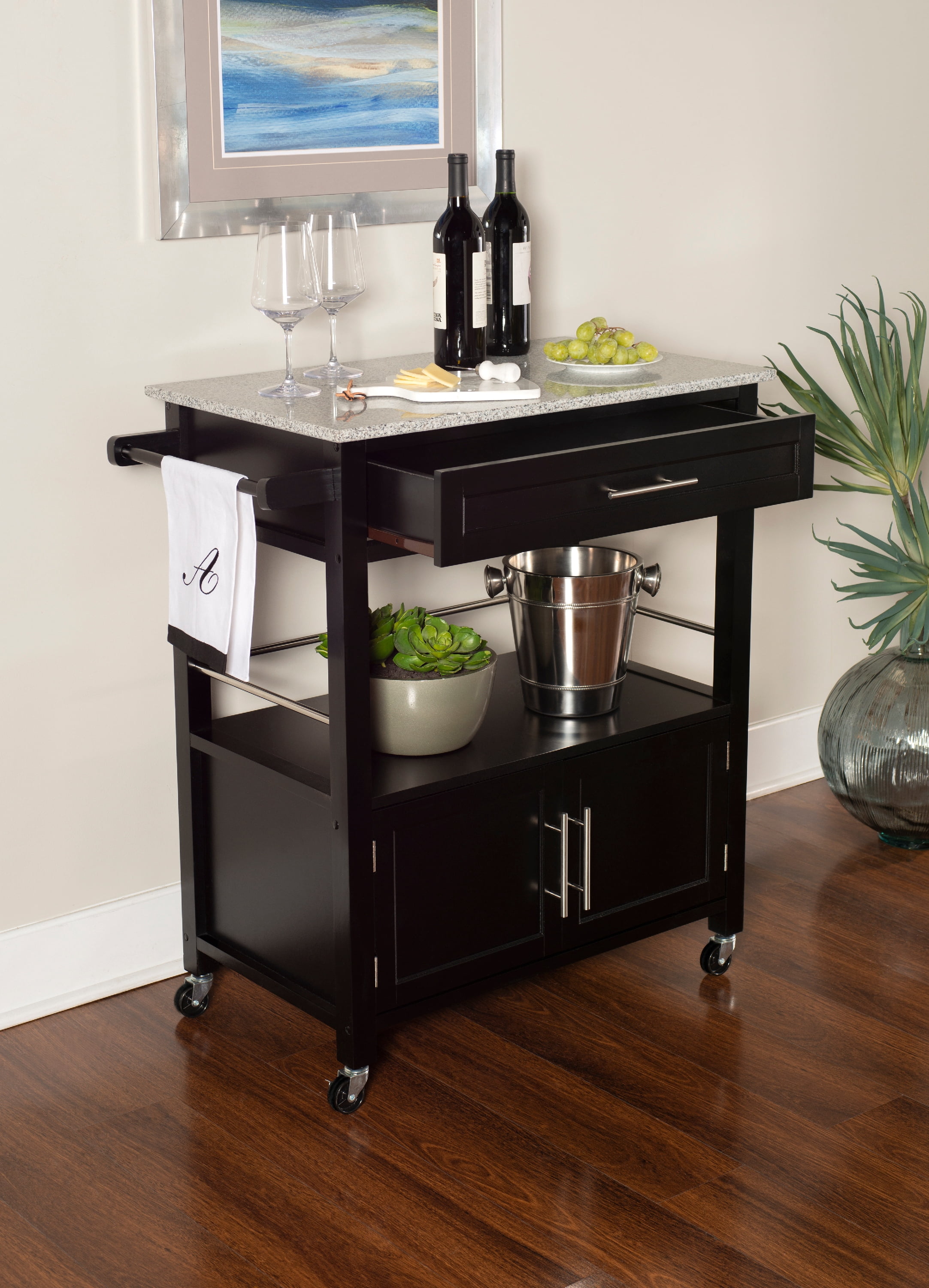 Linon Judith 2-Tier Mobile Serving Cart with Gray & White Speckled Granite Top, 33.5" Length, Black