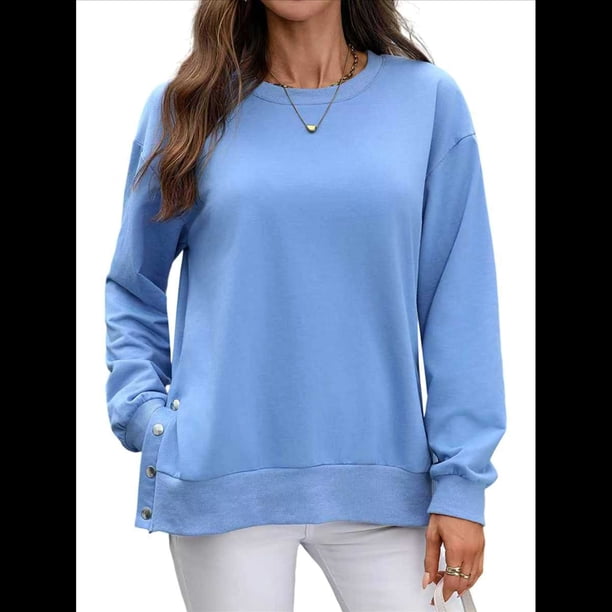 Sudaderas de Gran Tamaño para Mujer, Sudaderas de Larga, Camisetas con Abertura Lateral, Tops, Conjuntos para Adolescentes. Azul L