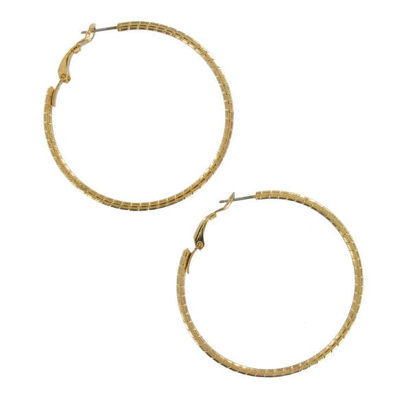 Pierced Earrings Gold Tone Textured Hoop 1 7/8" Surgical Steel Post Ladies Adult Female Women