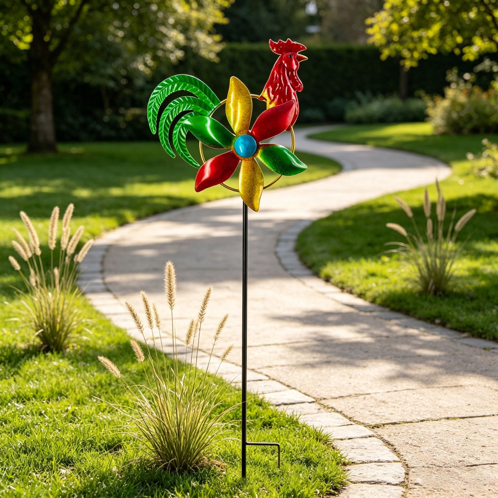 Garden Wind Spinner Outdoor, Metal Wind Sculpture for Patio and Pathway, Decorative Lawn Ornament with Ground Stake, Yard Art for Garden and Backyard, Chicken