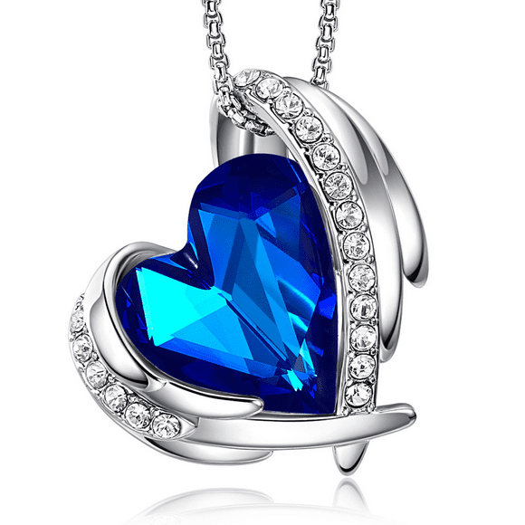 Love Heart Pendant Necklaces for Women Angel Crystals Necklace Jewelry Gifts ----- Platinum Blue