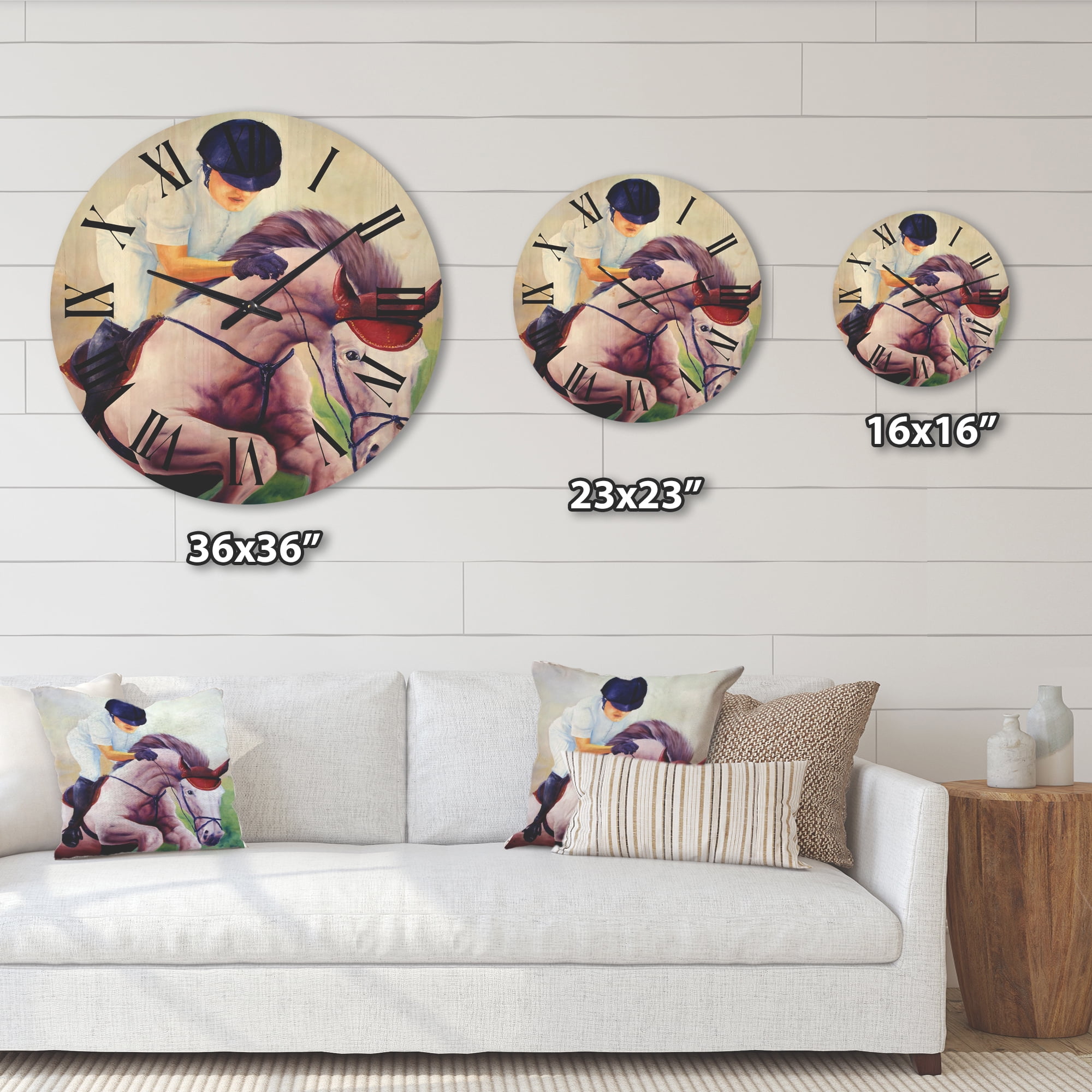 Designart 'Jockey On Galoping Pink Horse' Farmhouse Wood Wall Clock