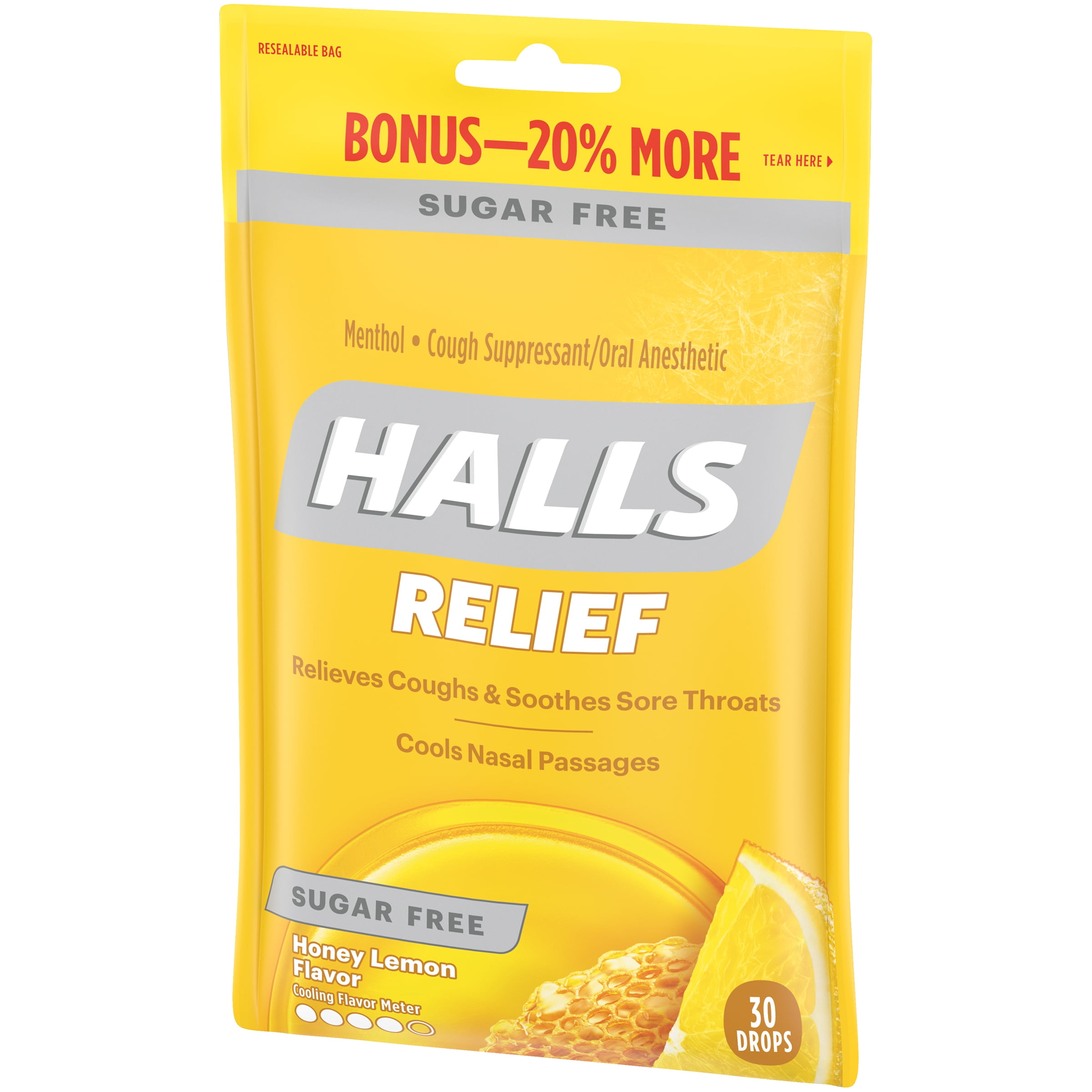 HALLS Relief Sugar Free Honey Lemon Flavor Cough Drops, 1 Bag (30 Total Drops)