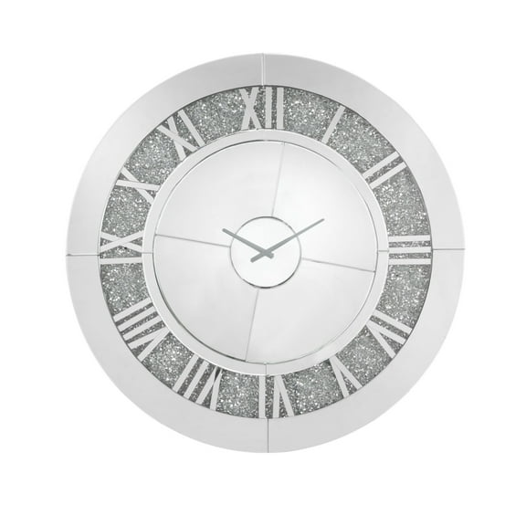 Benjara Round Beveled Mirror Frame Wall Clock with Faux diamond Inlay, Silver