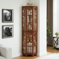 thumbnail image 6 of Wooden Tall Display Cabinet, Modern Corner Curio Cabinet with 4 Adjustable Tempered Glass Shelves and Lighting System, Curiocabinets with Acrylic Mirrored Back Panel, Walnut, 6 of 7