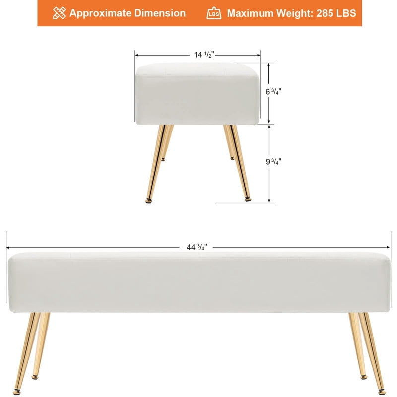 Modern Upholstered Bedroom Bench, 44.75" Tufted Ottoman Bench with Gold Metal Legs, End of Bed Bench, Entryway Shoe Bench, Narrow Space Accent Seating, 285 lbs Capacity,PU,White