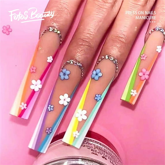 Fofosbeauty 24 pcs Long False Nails, Press-on Nails Designs 2023, Coffin Cute Flowers World French V
