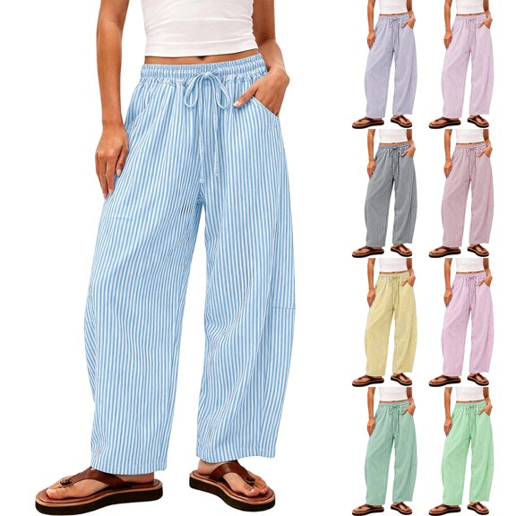 Axdhxbd Striped Barrel Pants for Women Cotton Linen Wide Leg Pant Drawstring High Waist Lightweight Lounge Pants Loose Casual Daily Trousers with Pockets Red XL