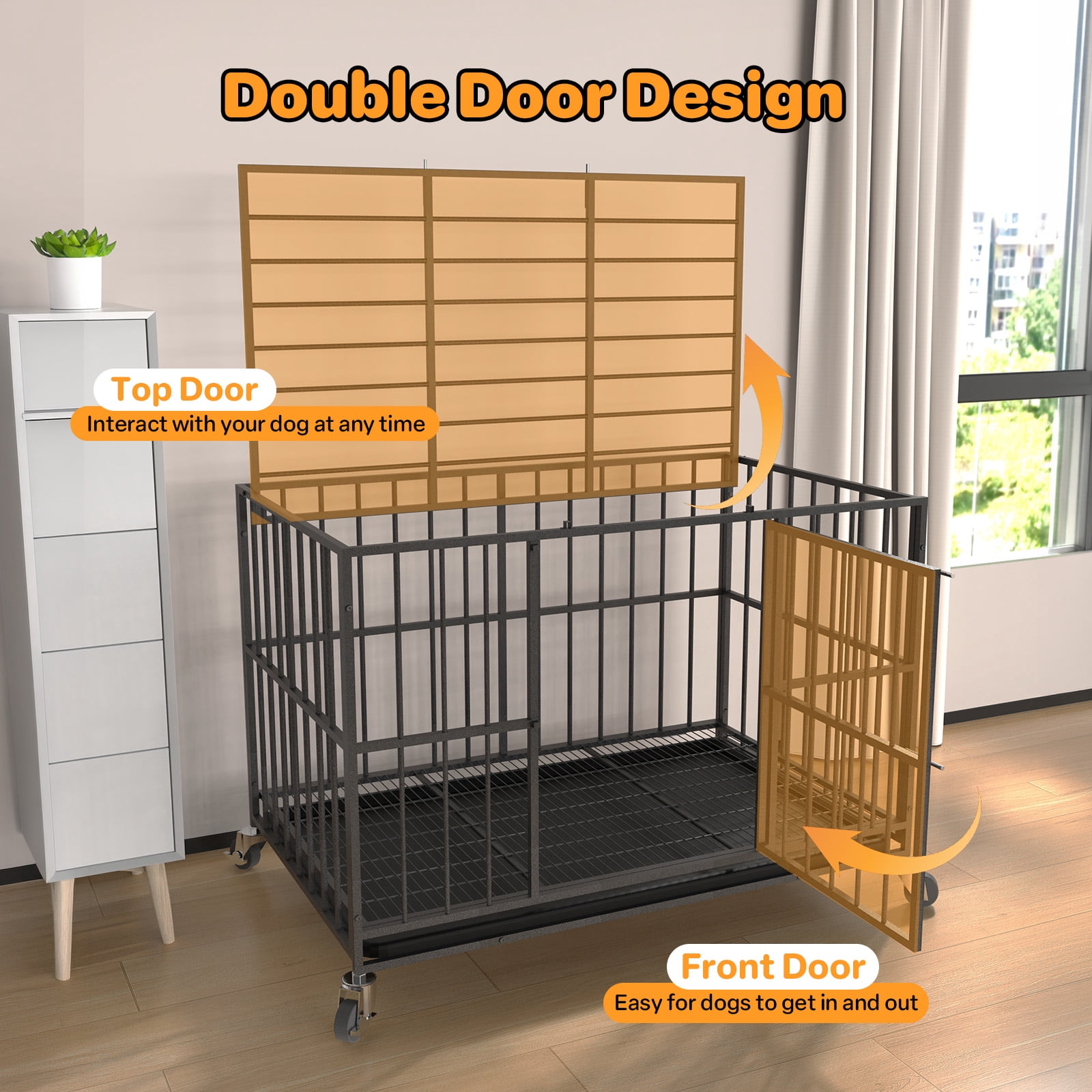 TIME RAY 48 Inch Heavy Duty Dog Crate Cage for Large Dog with Steel Escape Proof, Indoor & Outdoor Double Doors,Lockable Wheels and Removable Tray,Black