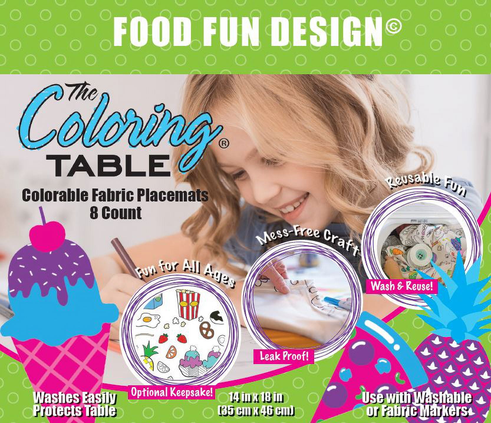 The Coloring Table - Food Fun Design – Set of 8 Placemats (14"x18") - Fabric - Washable and Reusable