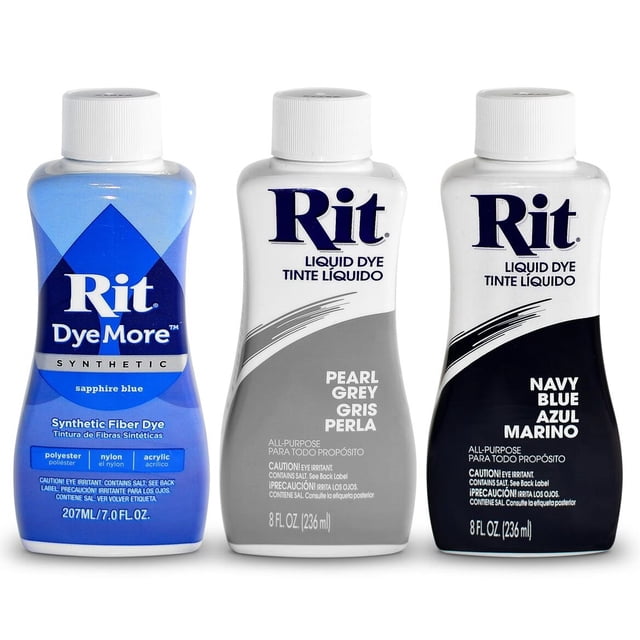 Paquete de kit de tinte líquido para tela RIT (juego de 3 piezas) Azul marino Azul zafiro Gris perla | Ropa Algodón Poliéster Nylon Satén Lino |