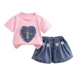 thumbnail image 2 of Cethrio Girls Cotton Outfit Sets, Cute Short Sleeve 2 Piece T-shirts and Denim Shorts Sets Pink Size 1-2T, 2 of 5