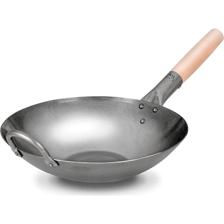 Flat Bottom 12 Inch Carbon Steel Wok with Wooden and Steel Helper Handle