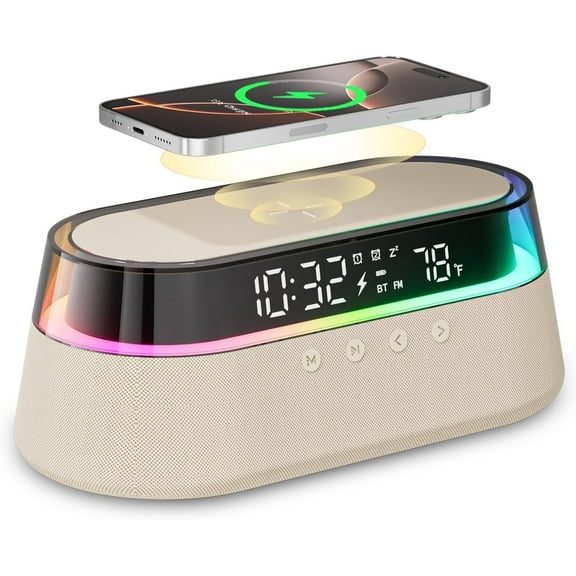 6 in 1 Alarm Clock for Bedroom, Digital Speaker Wireless Charging 15W, FM Radio, LED Night Light, Dual Alarm, Beige