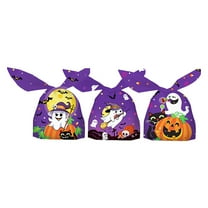 50 PCS Halloween Treat Bags - Ghost Design Drawstring Candy Bags for Kids, Purple Plastic Goodie Bags, Perfect for Halloween Party Supplies, Snack Bags, and Gift Packaging