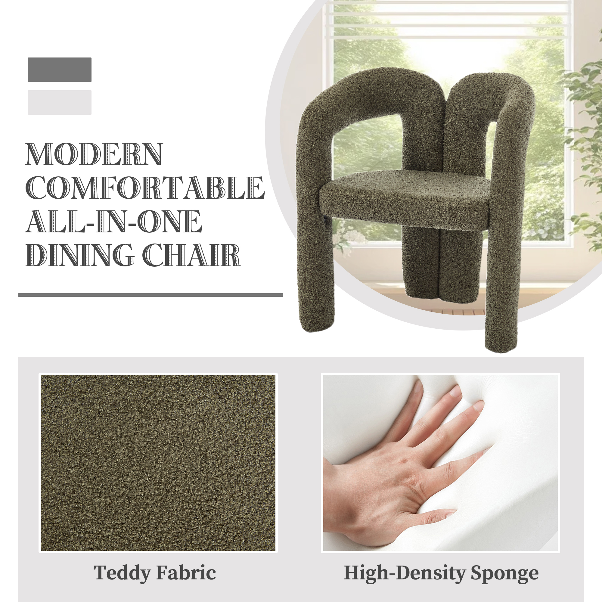 MOONMISS Teddy Fabric Upholstered Wood Frame Contemporary Designed Dining Side Chair（set of 2）-Olive Green