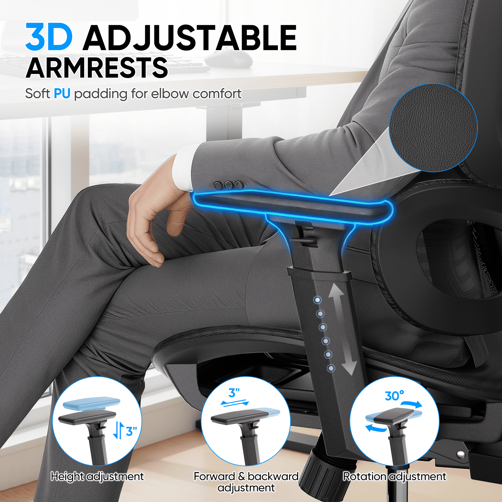 Monibloom Ergonomic Office Chair with Adjustable Lumbar Support, 3D Armrests, Reclining High Back Desk Chair for Home Office