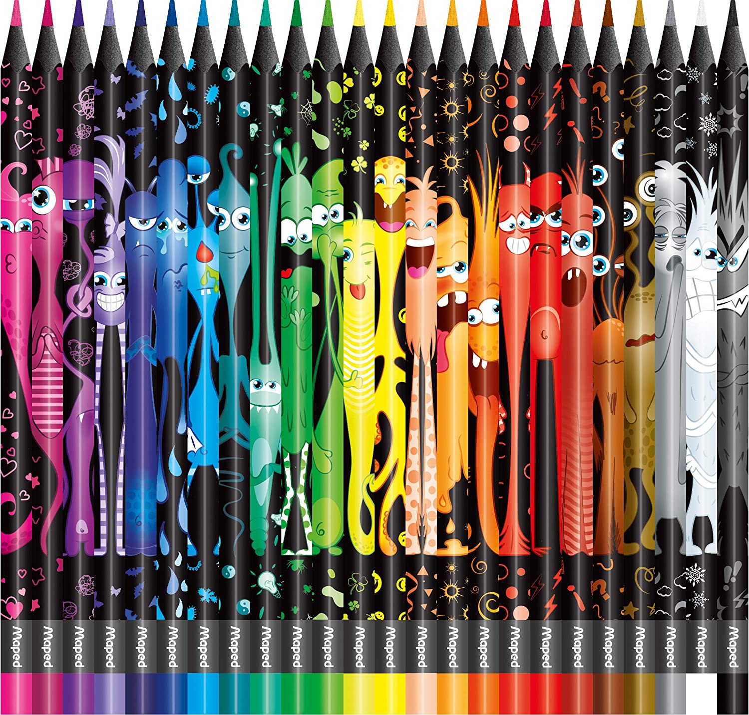 Maped Color'Peps Monster-24 Fun and Original Colouring Pencils - Bright Colours and Strong Lead - Pack of 24 Monster Decorated Pencils in Resin, 862624