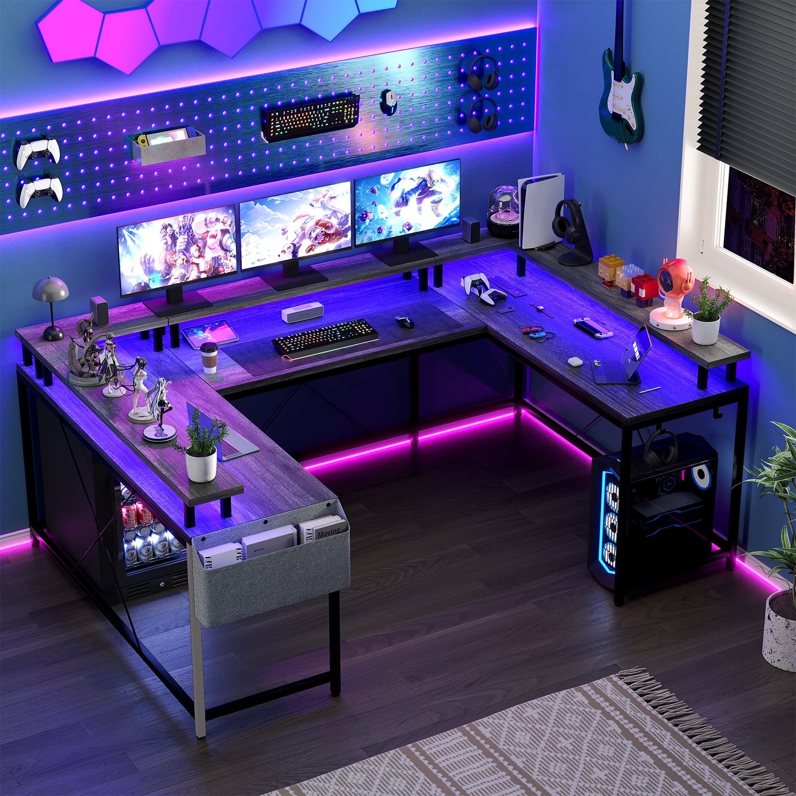 Maritcute U Shaped Computer Gaming Desk, Reversible L Shaped Desk with Power Outlets, LED Strip & Monitor Stand, Large Corner Desk with Storage Shelves for Home Office