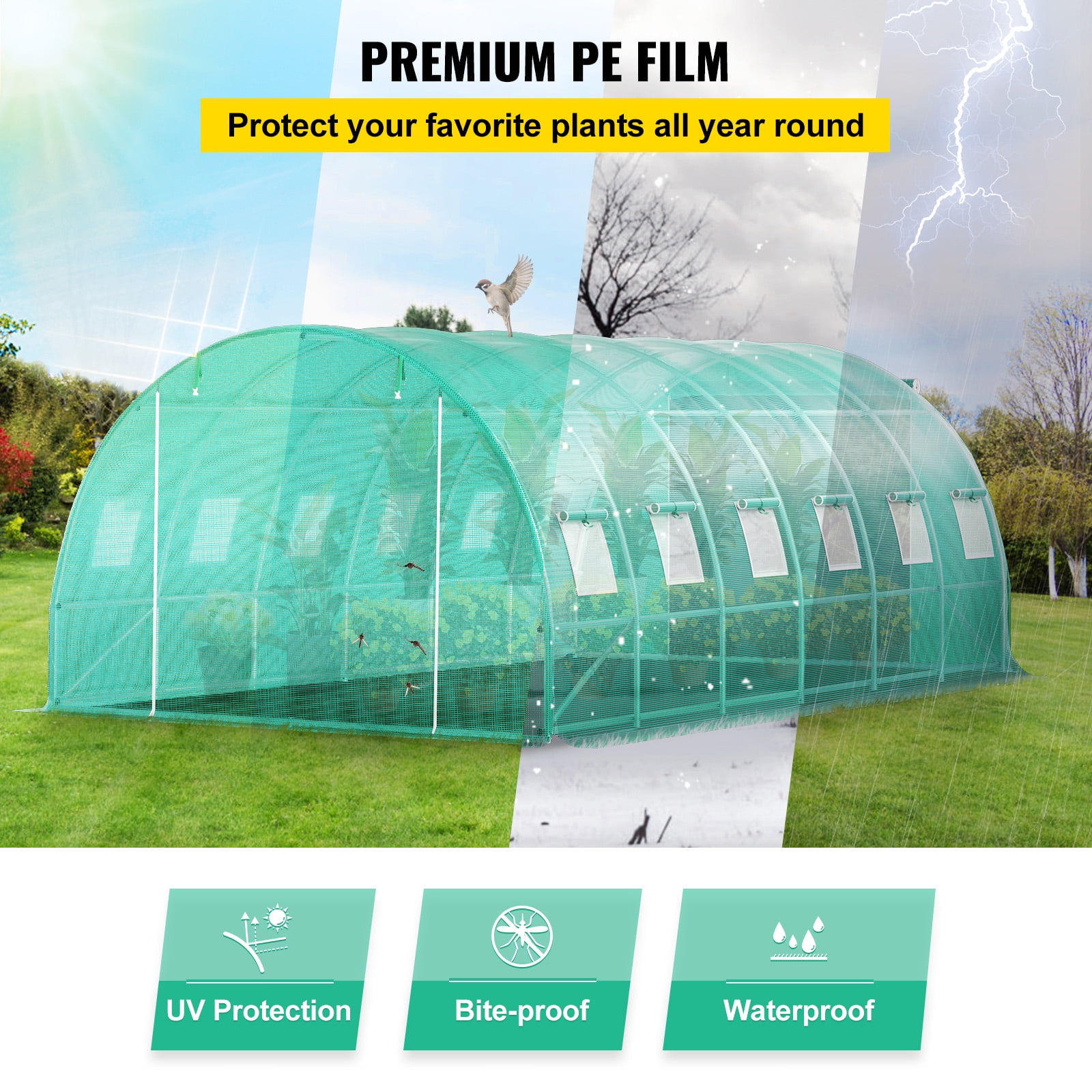 KFFKFF Walk in Greenhouse, 20 x 10 x 7 ft, Movable Plant Warm House with Zinc-Coated Steel Arches, Trio Upper Bars, Dual Zippered Entrances & Dozen Roll-up Panes, Green
