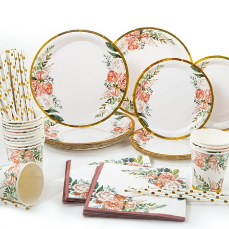 125 Pcs Floral Party Supplies - Paper Plates and Napkins Sets - Floral Party Disposable Paper Dinner Plates, Cups, Straws, for Birthday Shower Party