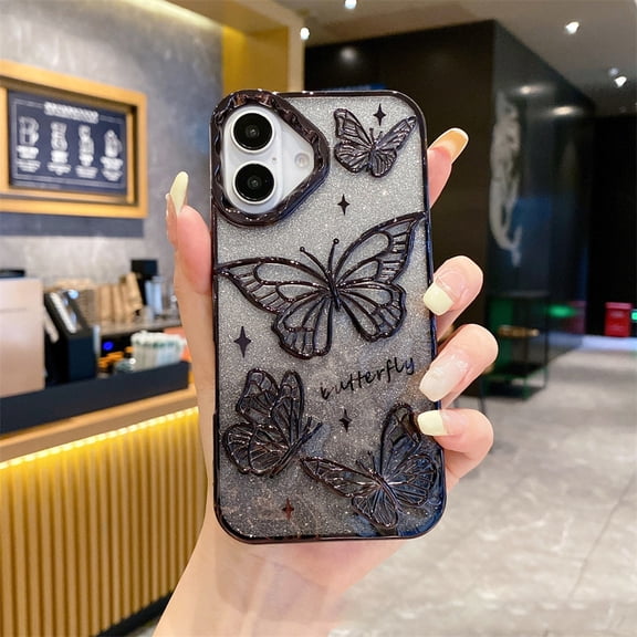 Dteck Butterfly Case for iPhone 17,Shockproof TPU Case with Bling Paper Back Cover for iPhone 17,Black