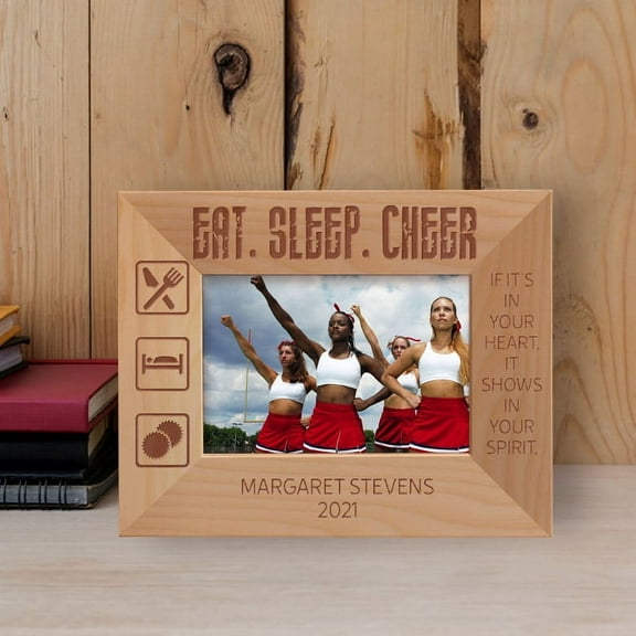 Eat Sleep Cheer Personalized Wooden Frame-5" x 3 1/2" Brown Horizontal