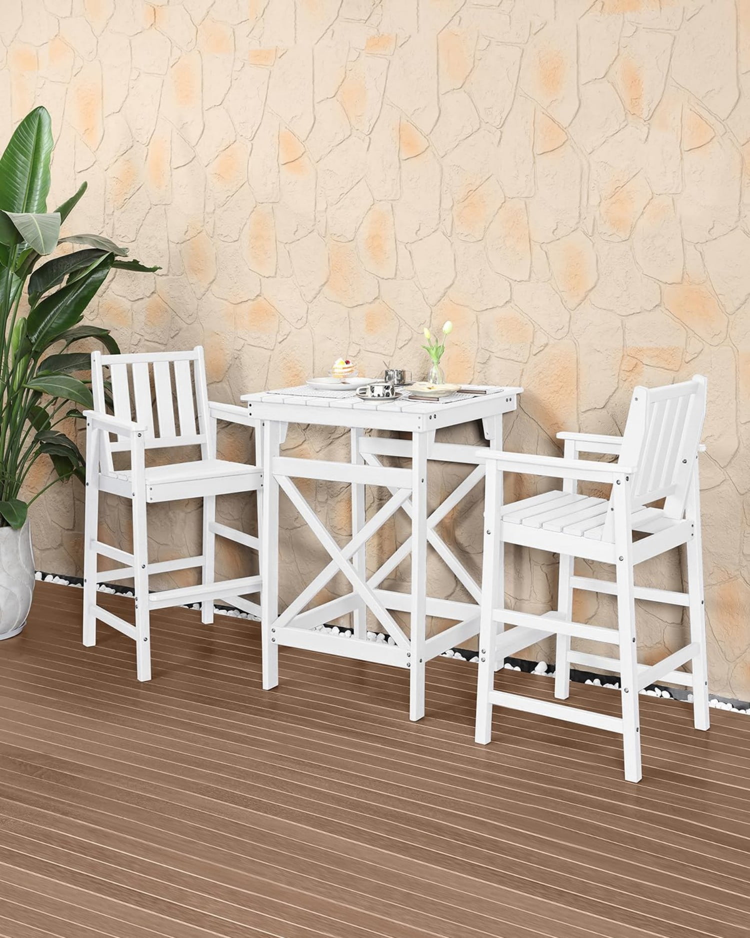 3-Piece Adirondack Bar Table Set, HDPE Outdoor Bar Height Chairs and Table Set, All Weather Patio Bar Furniture for Balcony, Porch, Garden, Poolside, Pearl