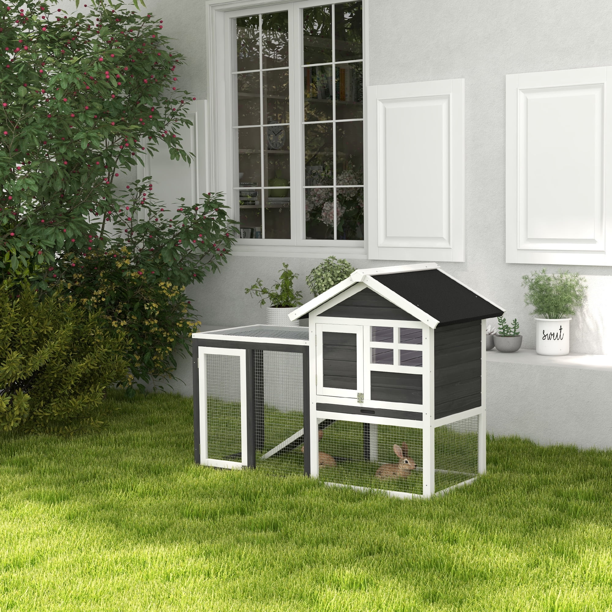 Dog Bed PawHut 48" Wooden Rabbit Hutch Bunny Cage with Waterproof Asphalt Roof, Fun Outdoor Run, Removable Tray and Ramp, Grey,Large Dog Bed