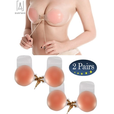 GustaveDesign 2 Pack Women's Silicone Invisible Strapless Push Up Backless Self-Adhesive Bra with Drawstring Sticky Petals Lift Nipplecovers 