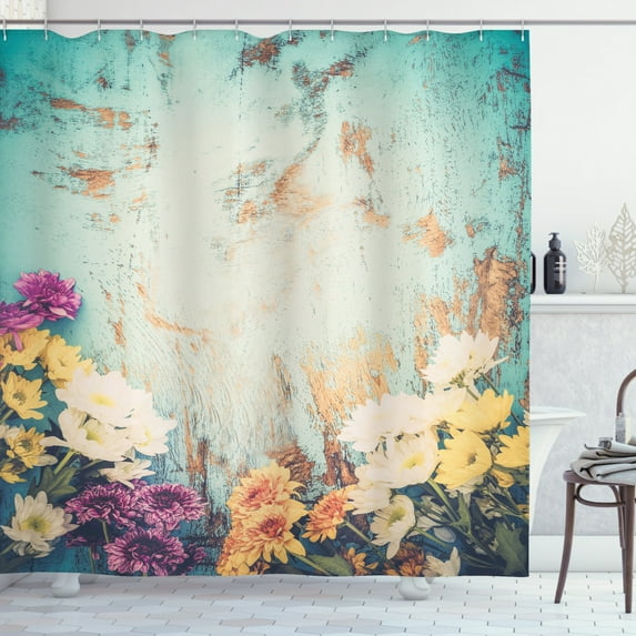 Colorful Shower Curtain, Vintage Style Wooden Background Image Ornamented of Flower Bouquets, Fabric Bathroom Set with Hooks, 69W X 70L Inches, Seafoam and Multicolor, by Ambesonne