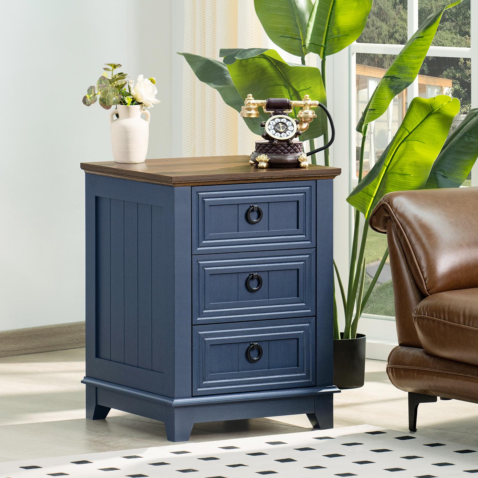 Joaxswe End Table with 3 Drawers for Living Room, Elegant Nightstand with Metal Handle for Bedroom, Blue