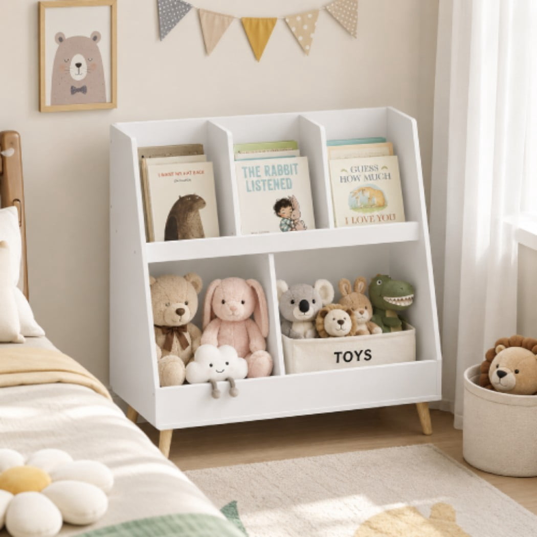Kids Bookshelf and Toy Organizer, 5-Cubby Wooden Open Bookcase with 2 Large Storage Bins, 2-Tier Baby Storage Display Shelf with Pine Legs for Bedroom, Nursery & Playroom, White