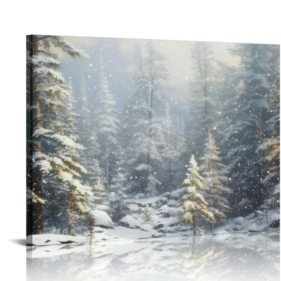 ONETECH  Christmas Winter Holiday Wall Art Canvas Print Painting 'Magical Snow Forest Scenery' Home Décor White, Gray, Silver, Nature Landscape