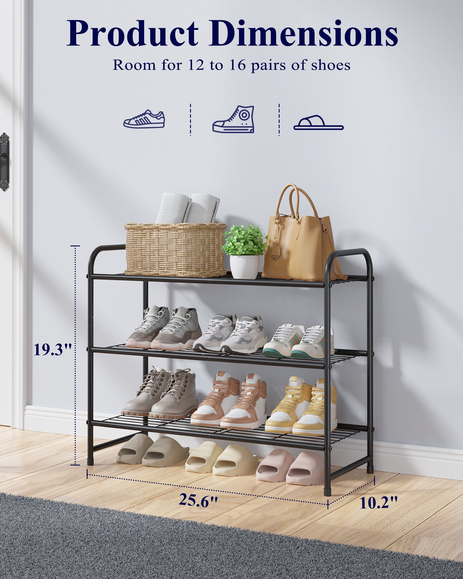 Kitsure Shoe Rack - Stainless Steel Shoe Organizer, Sturdy Shoe Rack for Closet and Front Door Entrance, Free Standing Shoe Shelf, Closet Organizers and Storage, 25.6" Wide - 3 Tier, Black