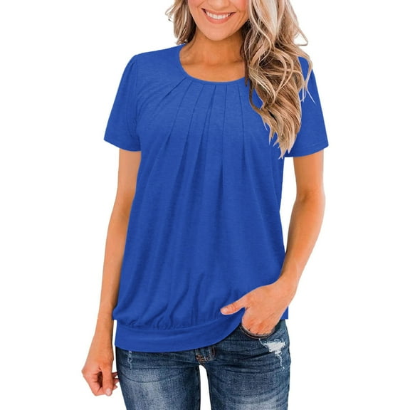 Cagogo Women Short Sleeve Tshirts Summer Tops Under $10 Plus Size Pleated Front Tshirt Round Neck Cute Spring Tunic Tops Mothers Day Gifts for Mom