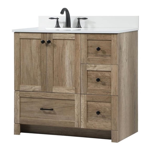 36 inch single bathroom vanity in natural oak with backsplash