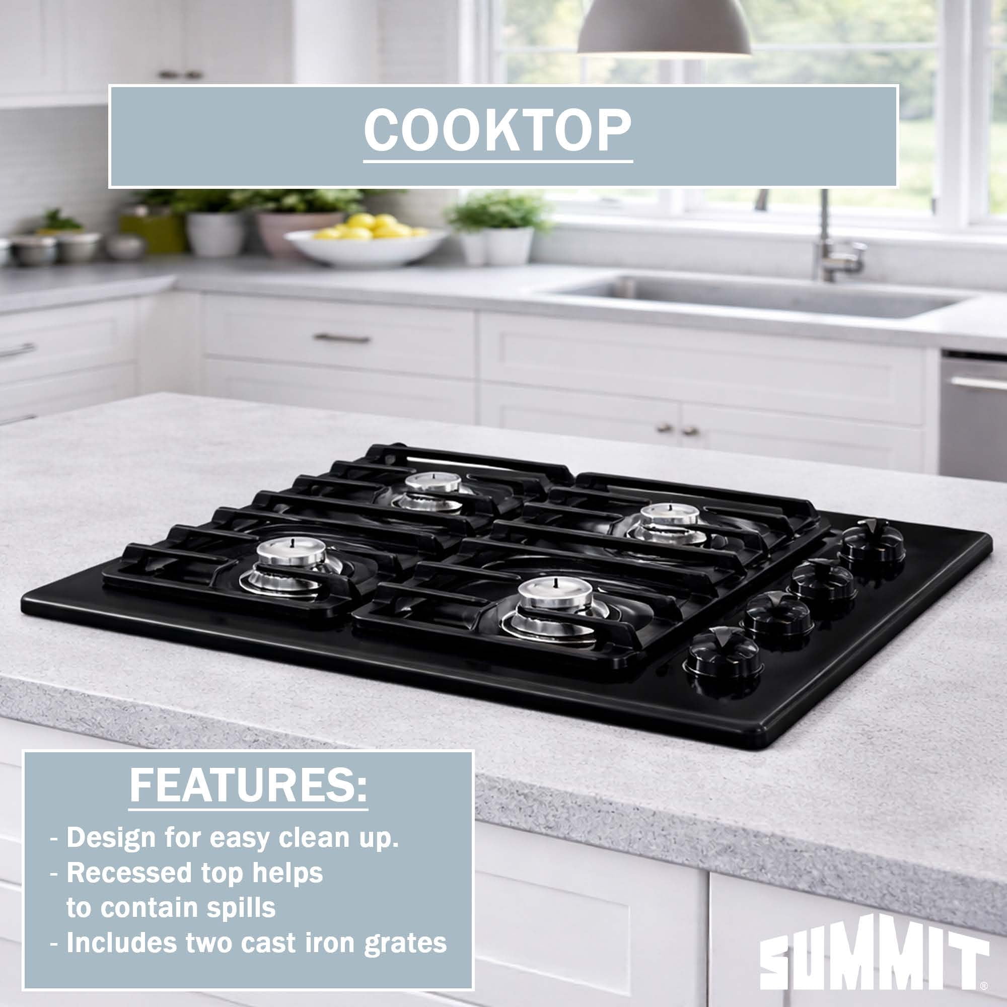 Summit 24" Gas Cooktop, 4 Burners, Electric Ignition, 115V-3 Gas Cooktop, Black - TNL033I