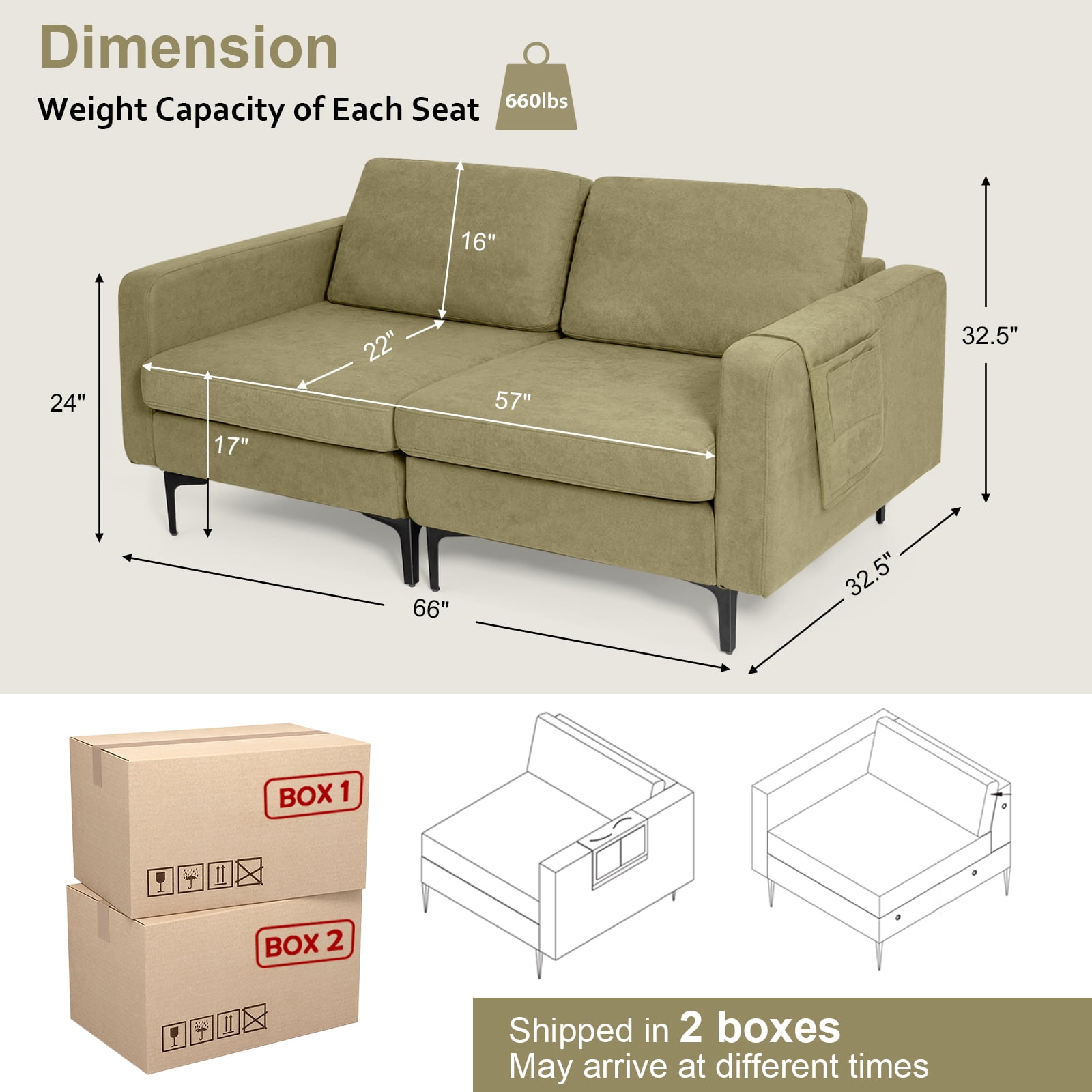 Costway Modern Loveseat Linen Fabric 2-Seat Sofa Couch w/ Side Storage Pocket Green