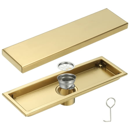 Uxcell Rectangular Shower Drain, Brushed 304 Stainless Steel Odor-proof Floor Drain Linear Shower Drain Hair Catcher(5.91Inch, Gold)