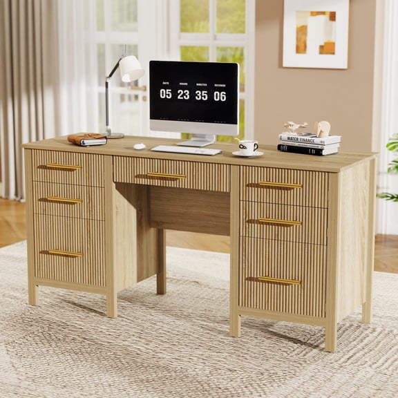 60" Executive Desk with Drawers, Modern Home Office Desk with File Cabinet, Wood Computer Writing Desk Workstation