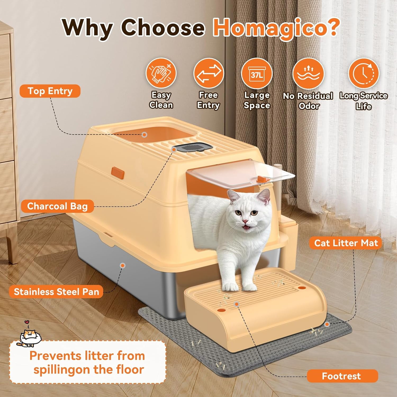 Stainless Steel Cat Litter Box with Removable Lid,Free in & Out Covered Metal Litter Box,Large Enclosed Litter Box with Litter Scoop & Mat, Easy Cleaning, Odor Free,Anti-Leakage for Kitty(Beige)