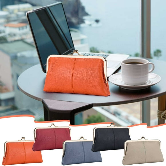 Cartero de cuero de gran capacidad para mujer - Organizador delgado de múltiples compartimentos con bolsillo para el móvil y cierre seguro con clip