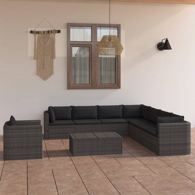 vidaXL Ensemble de Salon de Jardin 9 Pcs avec Coussins en Rotin Poly Gris