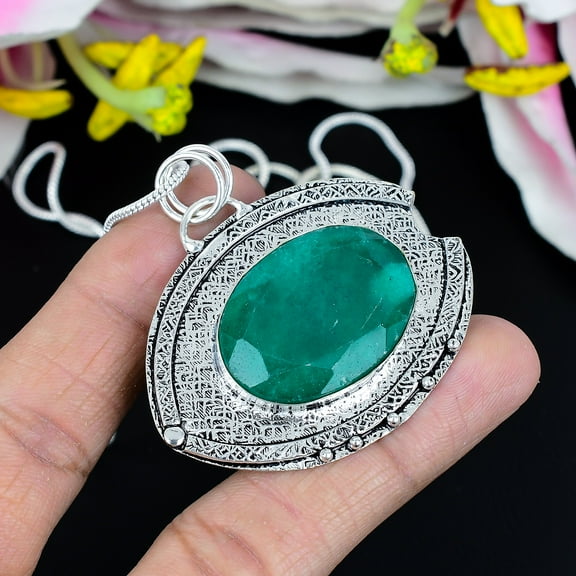 Green Jade Gemstone Handmade 925 Sterling Silver Jewelry Pendant 2.13"