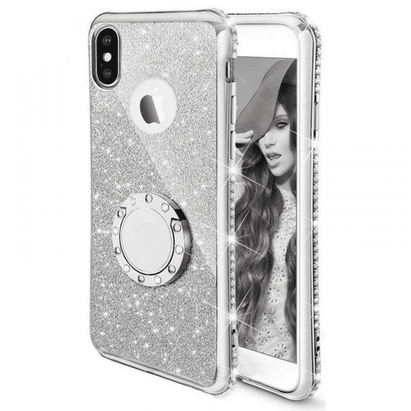 For iphone 13 pro max(6.7) Case, Glitter Luxury Bling Diamond Rhinestone Bumper with Ring Grip Kickstand Protective Thin Girly Case for Women( Silver)
